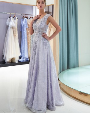 Sparkle A-line Scoop Lace Beading Light Purple Evening Dress QD009