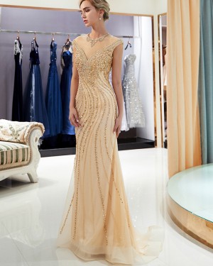 Elegant Neck Gold High Beading Mermaid Evening Dress QD010