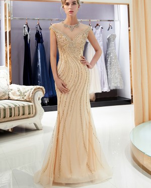 Elegant Neck Gold High Beading Mermaid Evening Dress QD010