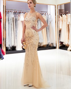 Sparkle Beading Mermaid Tulle Jewel Gold Evening Dress QD011