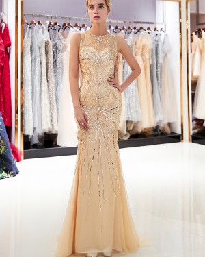 Sparkle Beading Mermaid Tulle Jewel Gold Evening Dress QD011