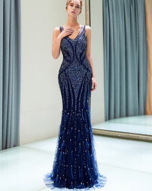 Amazing Sparkle Beading V-neck Royal Blue Mermaid Evening Dress QD013