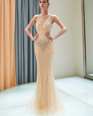 Jewel Tulle Mermaid Style Gold Beading Evening Dress QD014