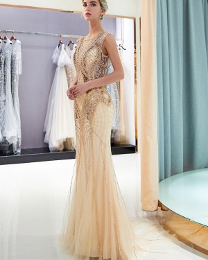 Elegant Jewel Neck Gold Sequin Mermaid Evening Dress QD015