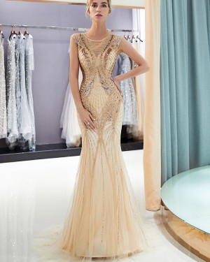 Elegant Jewel Neck Gold Sequin Mermaid Evening Dress QD015