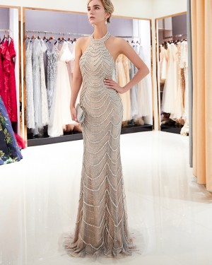 Gorgeous Sparkle Mermaid High Neck Beige Beading Evening Dress QD017