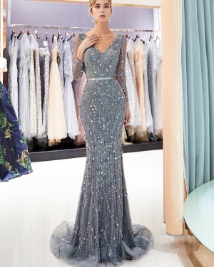 V-neck Long Sleeve Sparkle Beading Mermaid Evening Dress QD019