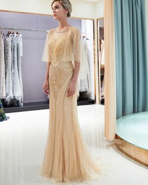 Jewel Flowing Sleeve Gold Geometric Pattern Beading Evening Dress QD020