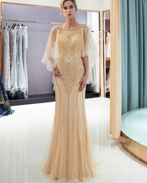 Jewel Flowing Sleeve Gold Geometric Pattern Beading Evening Dress QD020