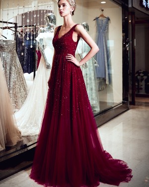 Sparkle Beading Pleated V-neck Burgundy Evening Dress QD023