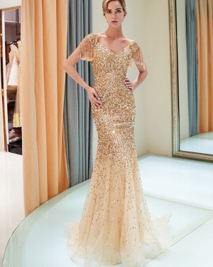 Sparkle Beading Mermaid Gold V-neck Evening Dress with Tassels Sleeves QD024