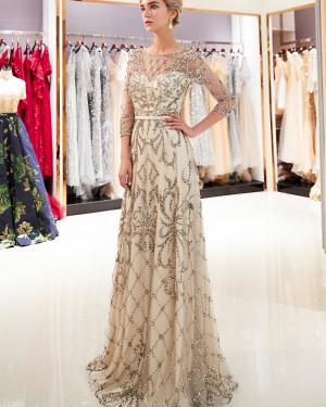 Floral Beading Jewel Champagne Evening Dress with 3/4 Length Sleeves QD025