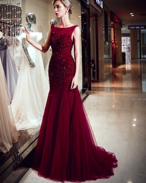 Amazing Bateau Burgundy Pleated Beading Mermaid Evening Dress QD026D