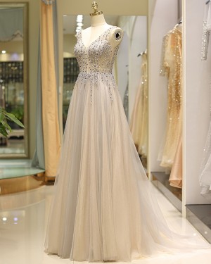 Champagne Tulle V-neck Beading Bodice Pleated Evening Dress QD028