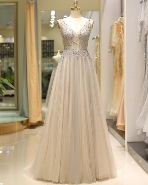 Champagne Tulle V-neck Beading Bodice Pleated Evening Dress QD028