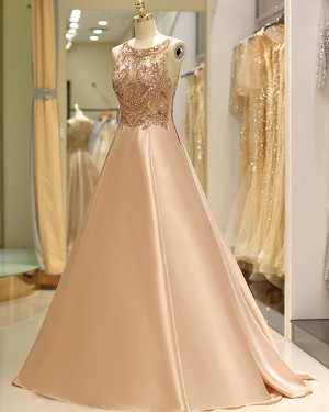 Elegant Jewel Beading Bodice Satin Evening Gown QD029
