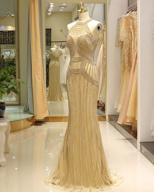 Beading Mermaid Tulle High Neck Gold Evening Dress QD030