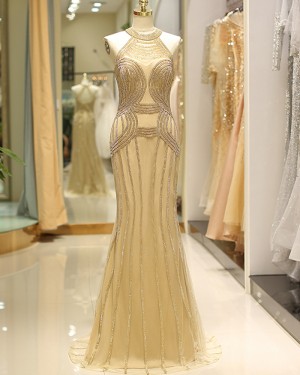 Beading Mermaid Tulle High Neck Gold Evening Dress QD030