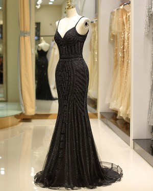 Spaghetti Straps Black Beading Mermaid Style Evening Dress QD032