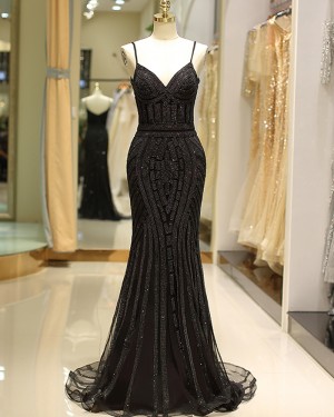 Spaghetti Straps Black Beading Mermaid Style Evening Dress QD032