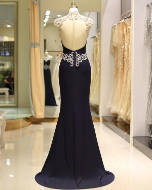 Mermaid Navy Blue High Neck Lace Beading Satin Evening Dress QD033