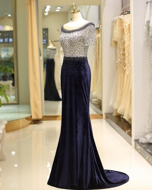 Navy Blue Mermaid Satin Jewel Beading Lace Evening Dress with Short Sleeves QD034