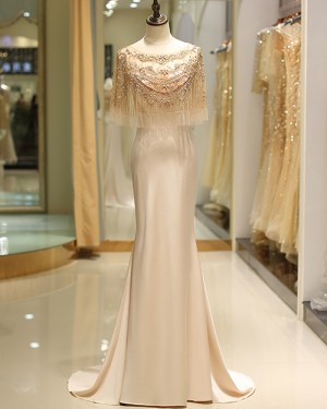 Amazing Beading Flower Mermaid Bateau Gold Satin Evening Dress QD035