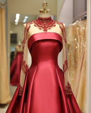 High Neck Long Sleeve Beading Bodice Satin Red Pleated Evening Gown QD036