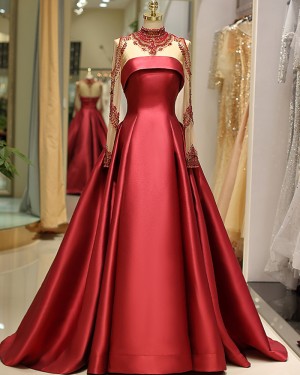 High Neck Long Sleeve Beading Bodice Satin Red Pleated Evening Gown QD036