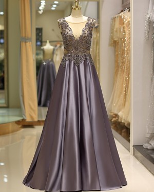 Elegant Pleated Satin Jewel Beading Bodice Evening Dress QD037