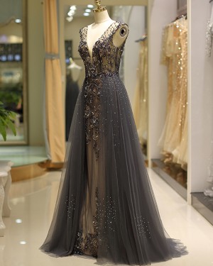 Gorgeous Beading Deep V-neck Evening Dress with Grey Tulle Skirt QD038