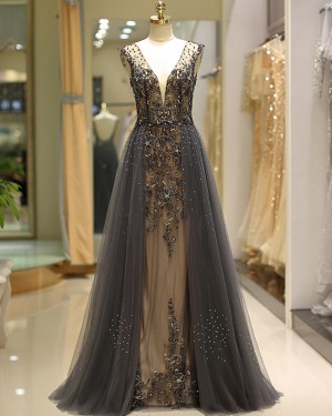 Gorgeous Beading Deep V-neck Evening Dress with Grey Tulle Skirt QD038