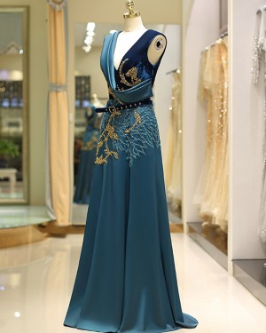 Amazing Beading Satin V-neck Gold and Green Evening Dress QD039