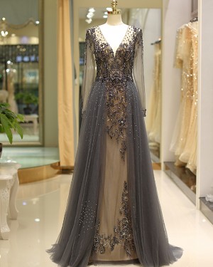 Gorgeous Long Sleeve Beading V-neck Evening Dress with Tulle Skirt QD040