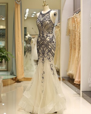 Elegant Jewel Gold Tulle Beading Mermaid Evening Dress QD041