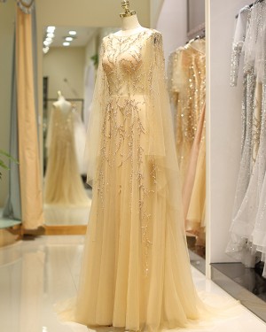 Beading Jewel Pleated Tulle Evening Dress with Long Sleeve QD042