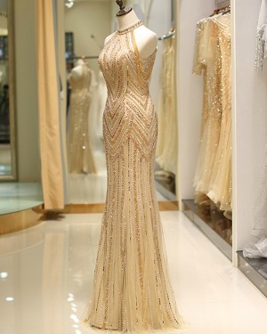 Amazing Beading High Neck Gold Mermaid Style Evening Dress QD043