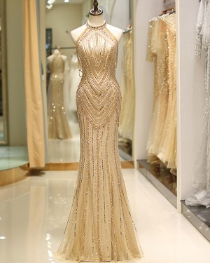 Amazing Beading High Neck Gold Mermaid Style Evening Dress QD043