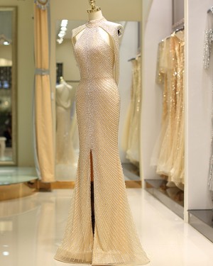 Amazing High Neck Beading Gold Tulle Evening Dress with Front Slit QD044