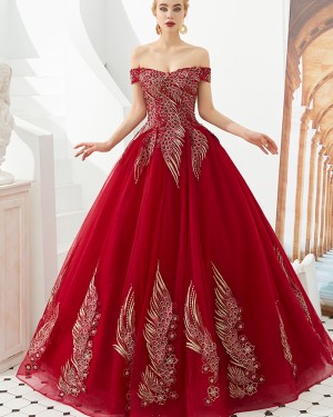 Elegant Red Embroidery Beading Off the Shoulder Evening Dress QD049