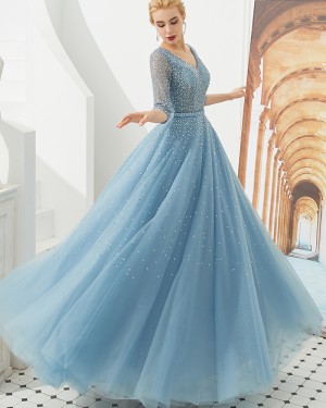 Dusty Blue V-neck Beading Tulle Evening Dress with Half Length Sleeves QD051