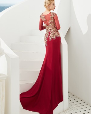 Jewel Long Sleeve Beading Satin Mermaid Red Evening Dress QD052