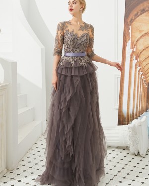 Brown Ruffle Jewel Lace Applique Evening Dress with Half Length Sleeves QD053
