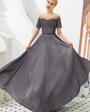 Sparkle Beading Black Off the Shoulder A-line Evening Dress with Short Sleeves QD056