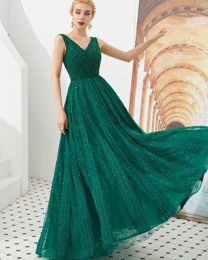 Amazing V-neck Green Beading A-line Evening Dress QD057