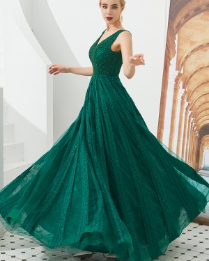 Amazing V-neck Green Beading A-line Evening Dress QD057