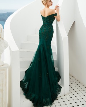 Green Beading Off the Shoulder Applique Mermaid Evening Dress QD060