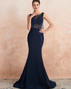 Navy Blue Jewel Neck Beading Mermaid Evening Dress QD061