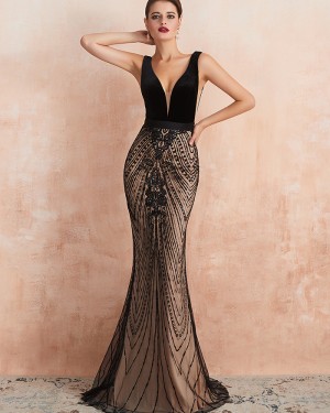 Gorgeous Black V-neck Sequin Lace Mermaid Evening Dress QD062