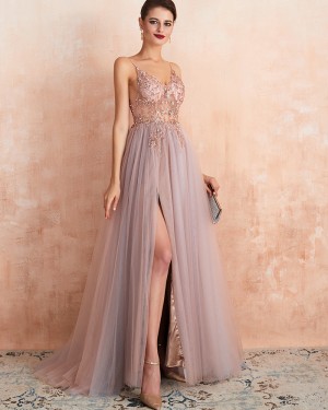 Spaghetti Straps Tulle Beading Bodice Evening Dress with Side Slit QD064